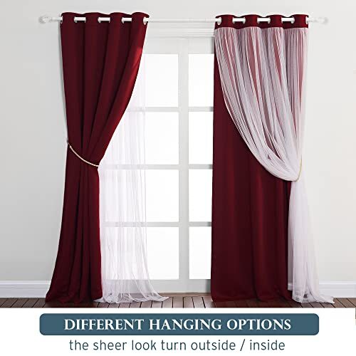 Red Curtains 95 Inches Long Solid Blackout Curtains With White Sheer Overlay 52
