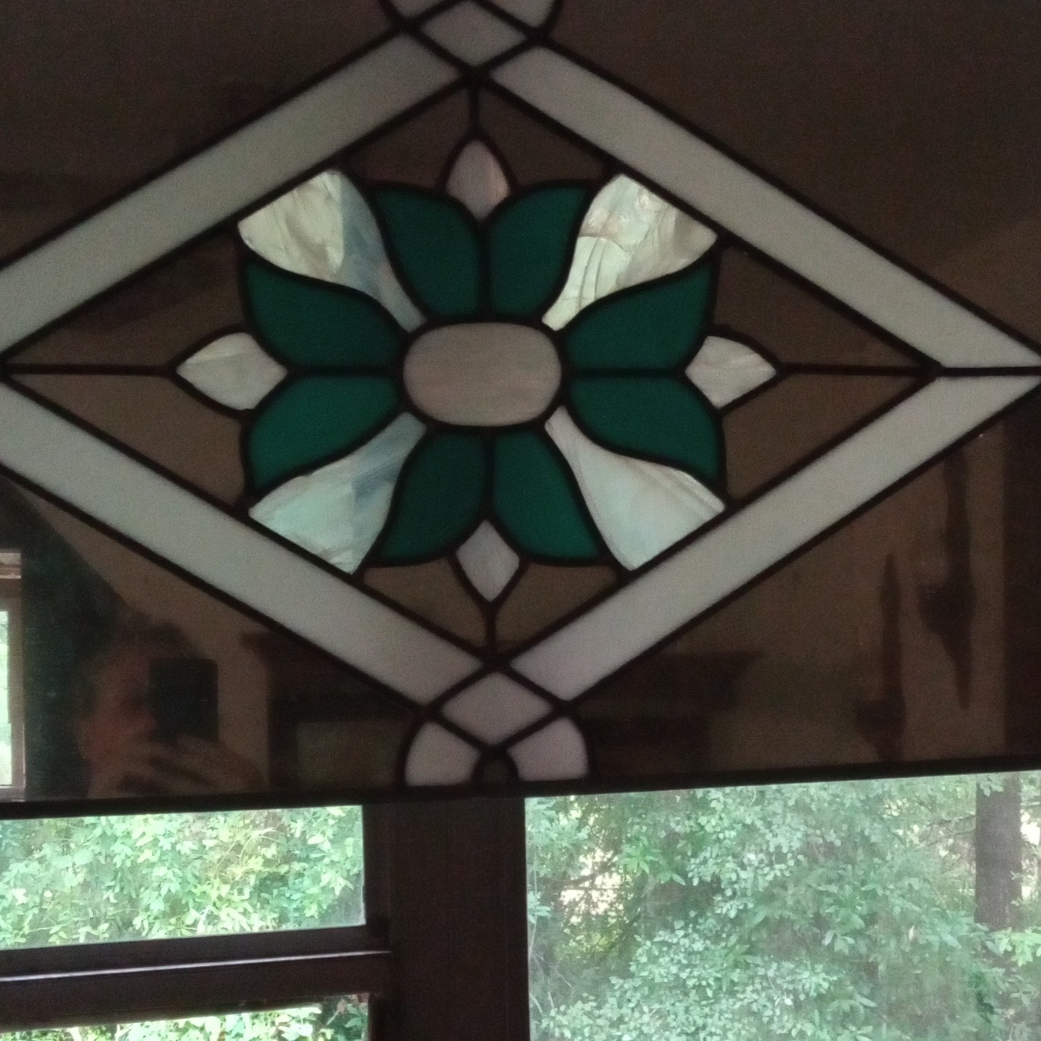Floral Art Deco Stained Glass Panel Green White Geometric Hanging Window