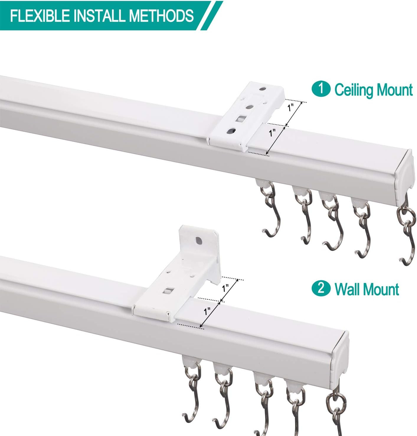 Ceiling or Wall Mount Curtain Track Kit with Hooks, 3Ft – 6Ft Adjustable Length
