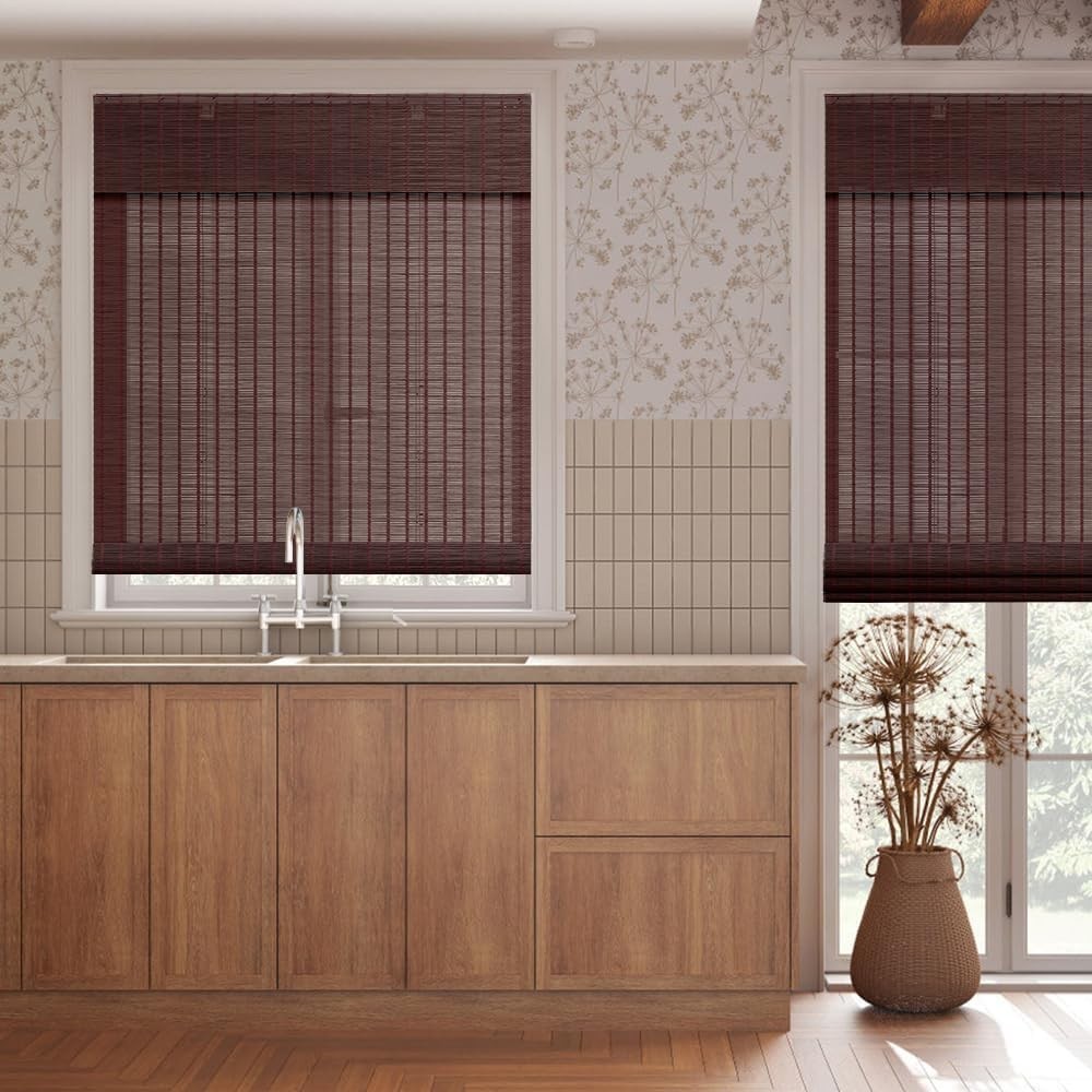 SEEYE Cordless Roman Shades – Natural Bamboo Blinds for Indoor Windows, Roll Up