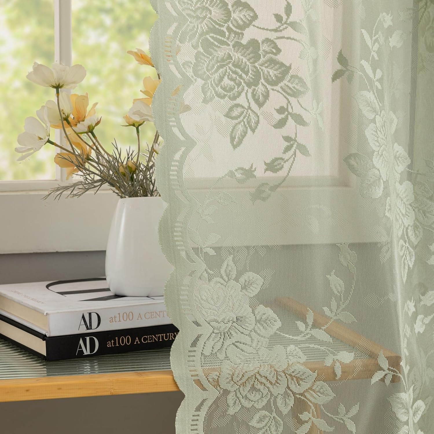 YJ YANJUN Sage Green Lace Curtains 45 inch Length Vintage Victorian Floral Sheer