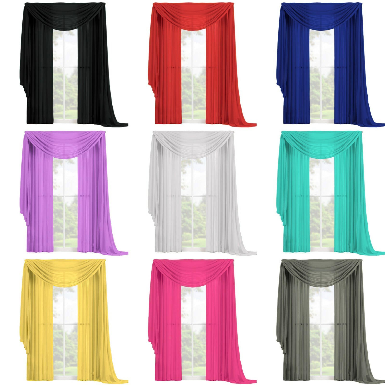 3 PC Complete Set 2 Panels and 1 Scarf Fully Stitched Sheer Window Curtain Drape