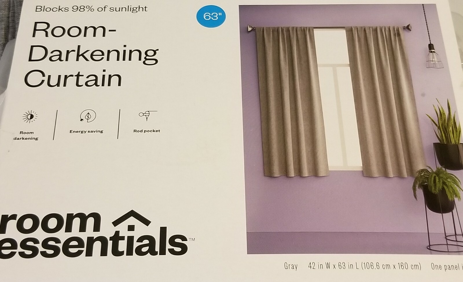 Room Essentials Room Darkening Blocks 98% of Sunlight Curtain Gray 42″W x 63″L