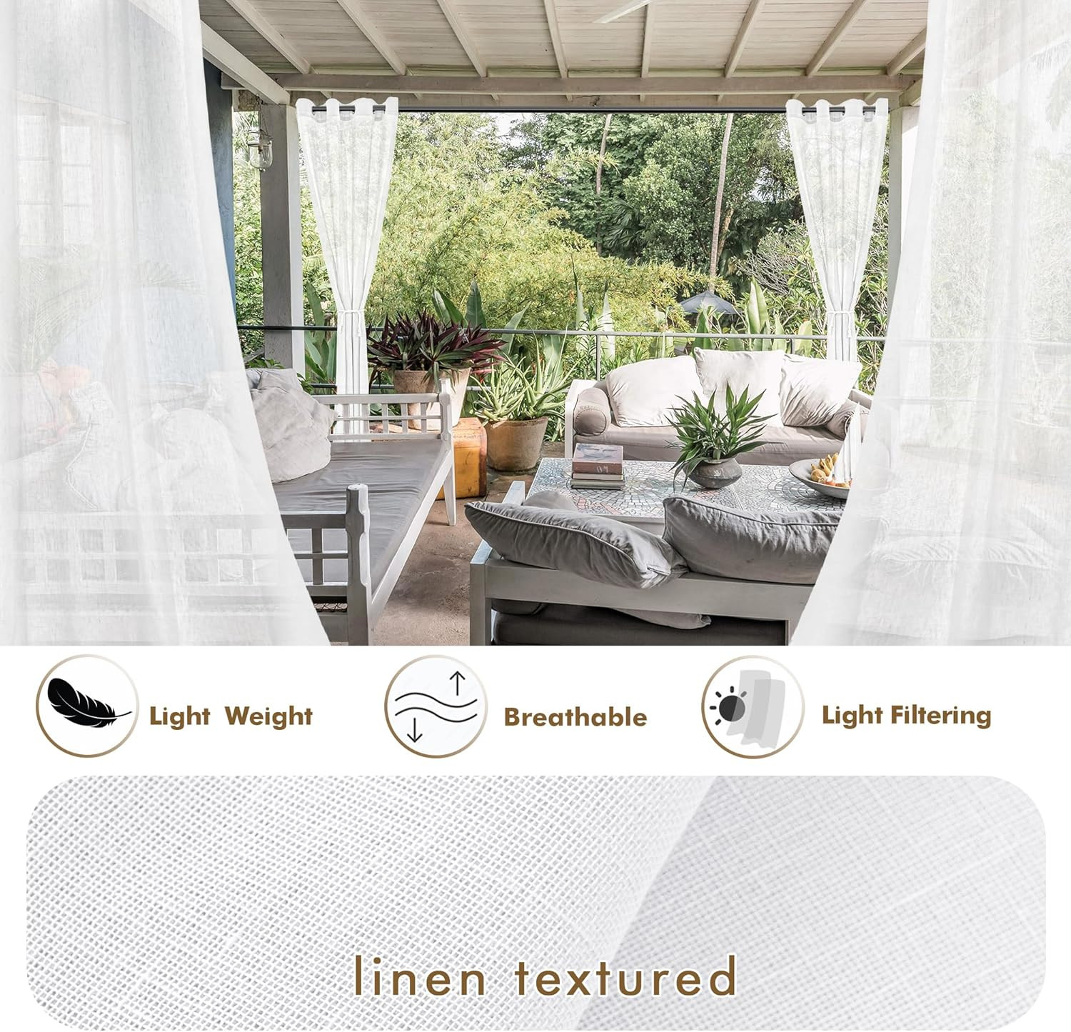 Waterproof White Sheer Curtains for Patio, 6 Panels, 110×84 Inch Grommet