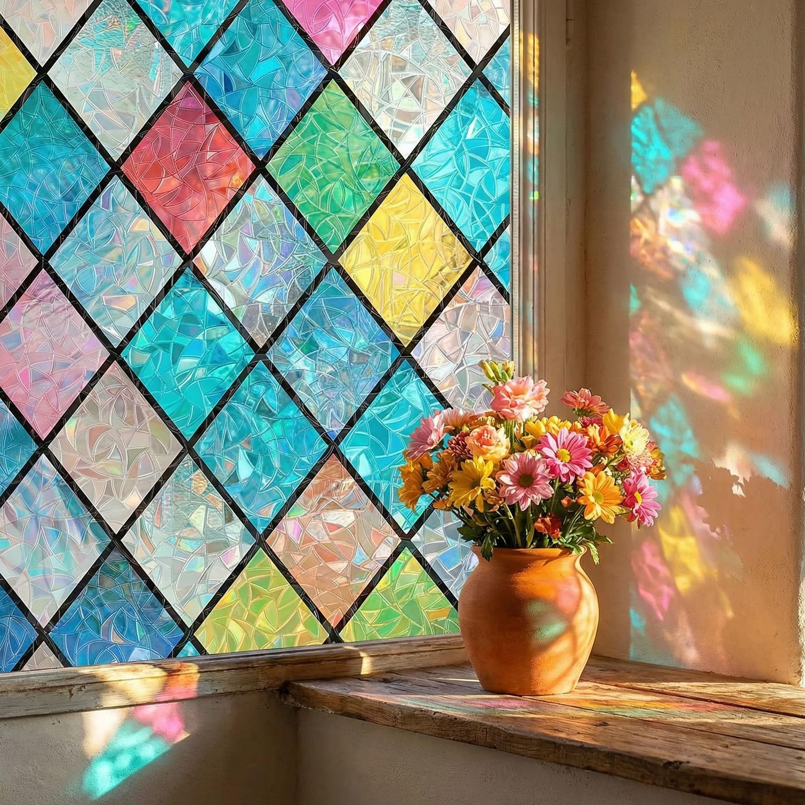 Stained Glass Window Film, Privacy Window Cling with Diamond Pattern, Static …