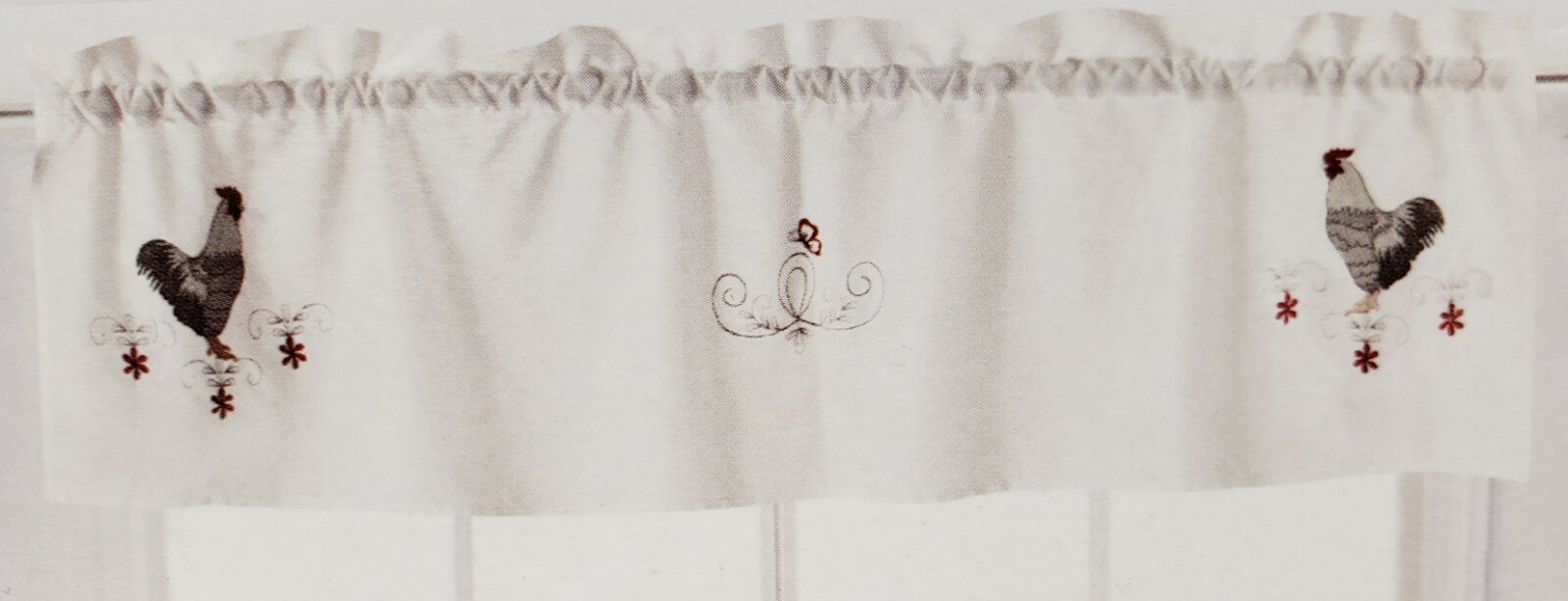 Embroidered Window Curtains Set:2 Tiers 28×36″&Valance 56×15″ MORNING ROOSTER,RH