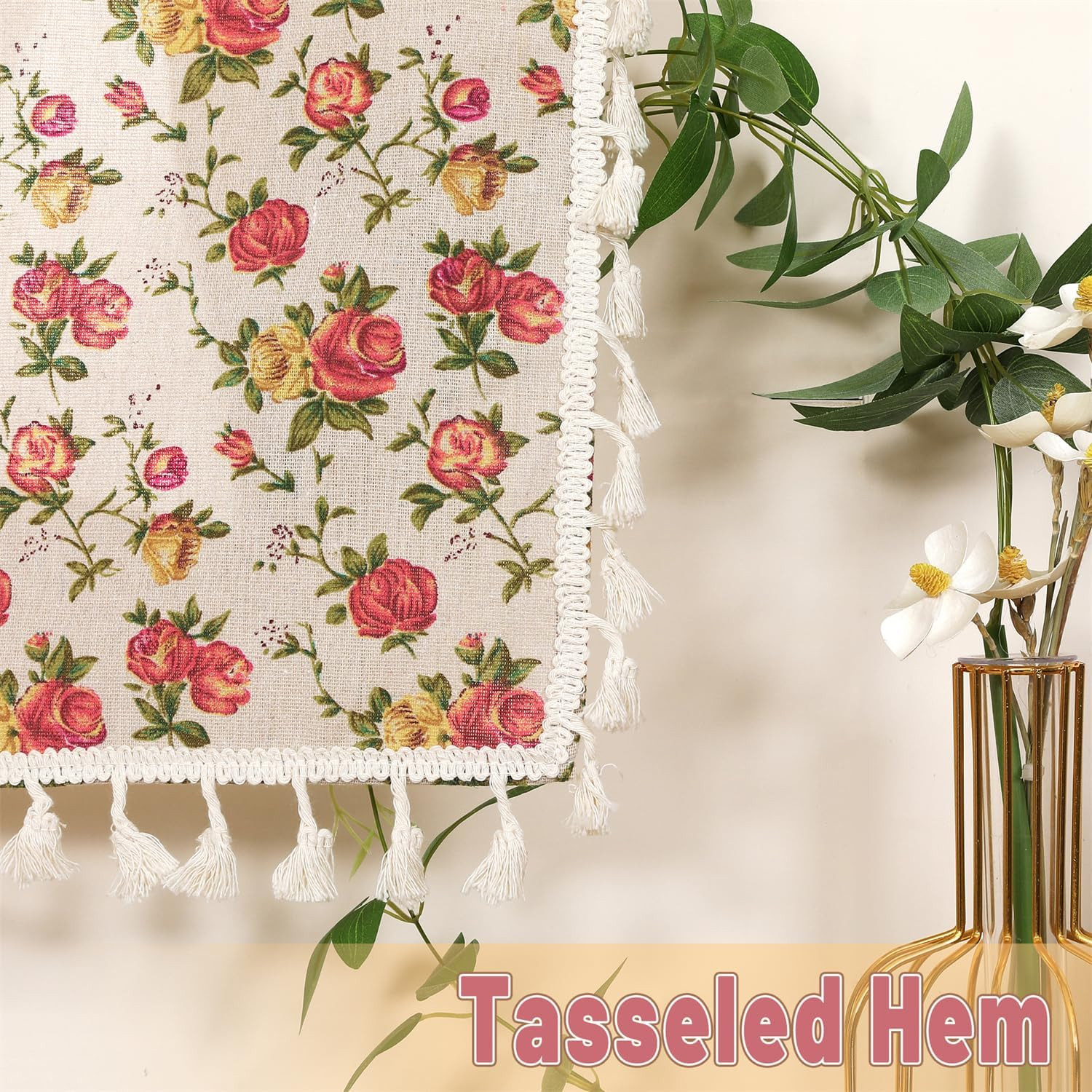 2 Panels Linen Tassels Curtains Farmhouse Red Rose Flower Vintage Semi Sheer Win