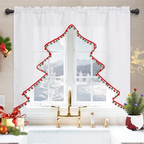 Christmas Tree Valance with Red and Green Pompom 52″W x 36″L (Pack of 1) White