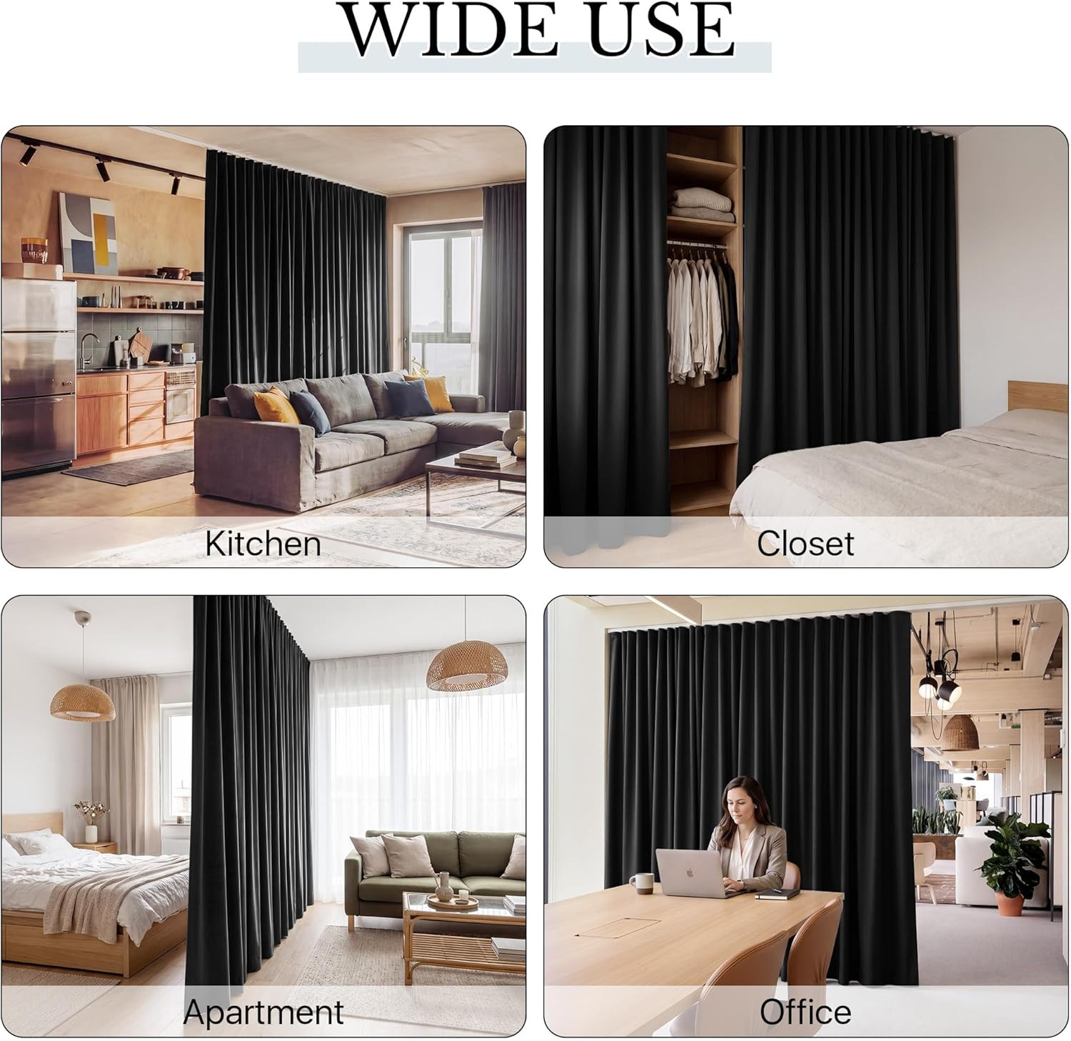 Black Room Divider Curtains with Flexible Track Wall Mount&Ceiling Mount for Sli