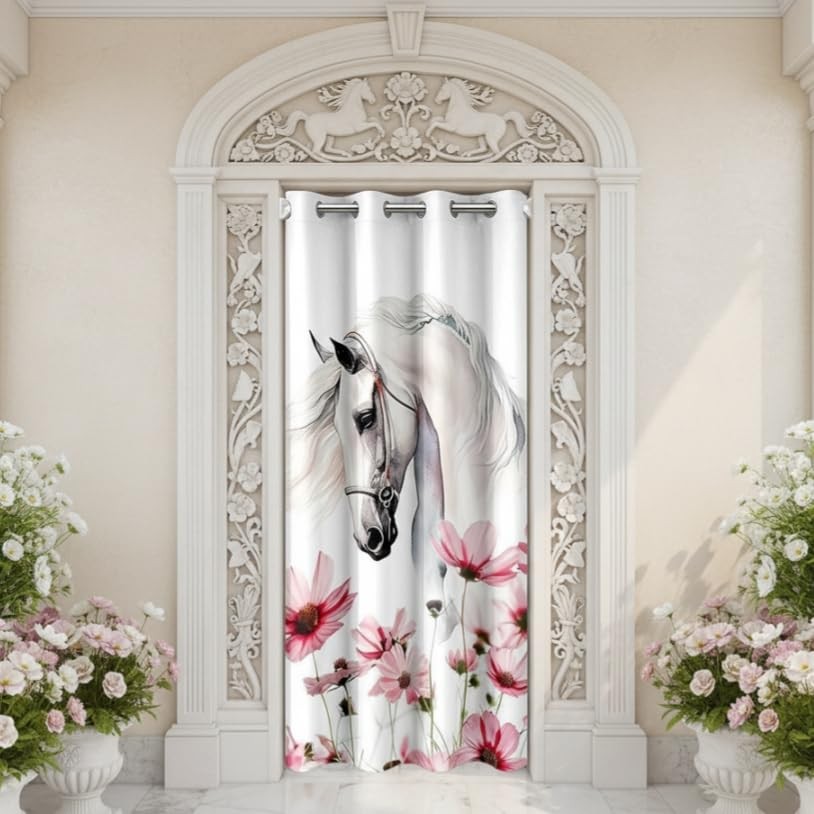White Horse Door Curtain for Youth Adult,Western Style Ink Print Floral Close…