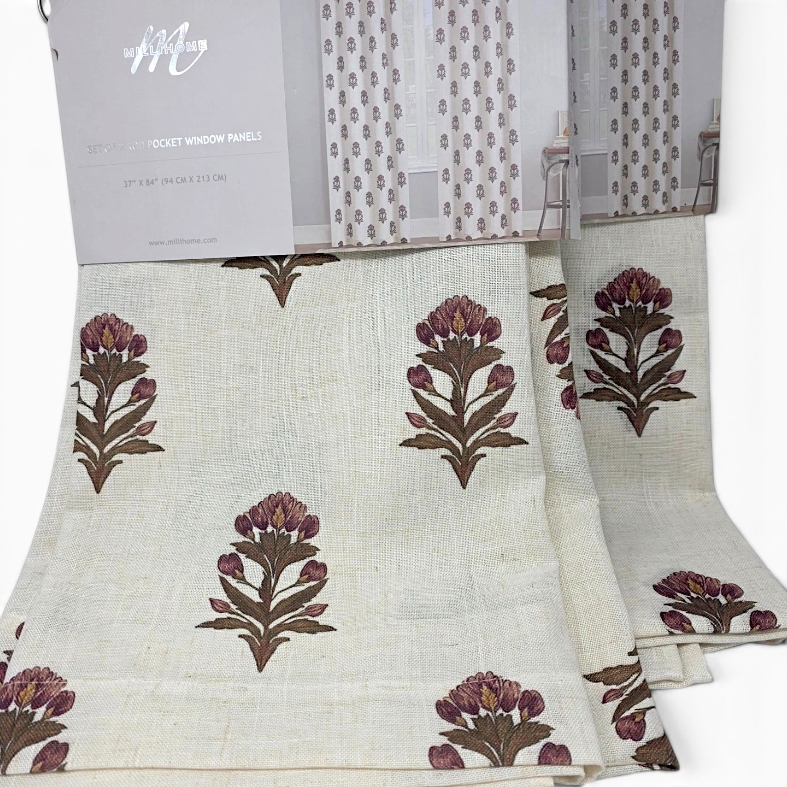 Millihome Set of 4 Floral Print Curtains 37×84 Linen Blend Farmhouse Window Pane