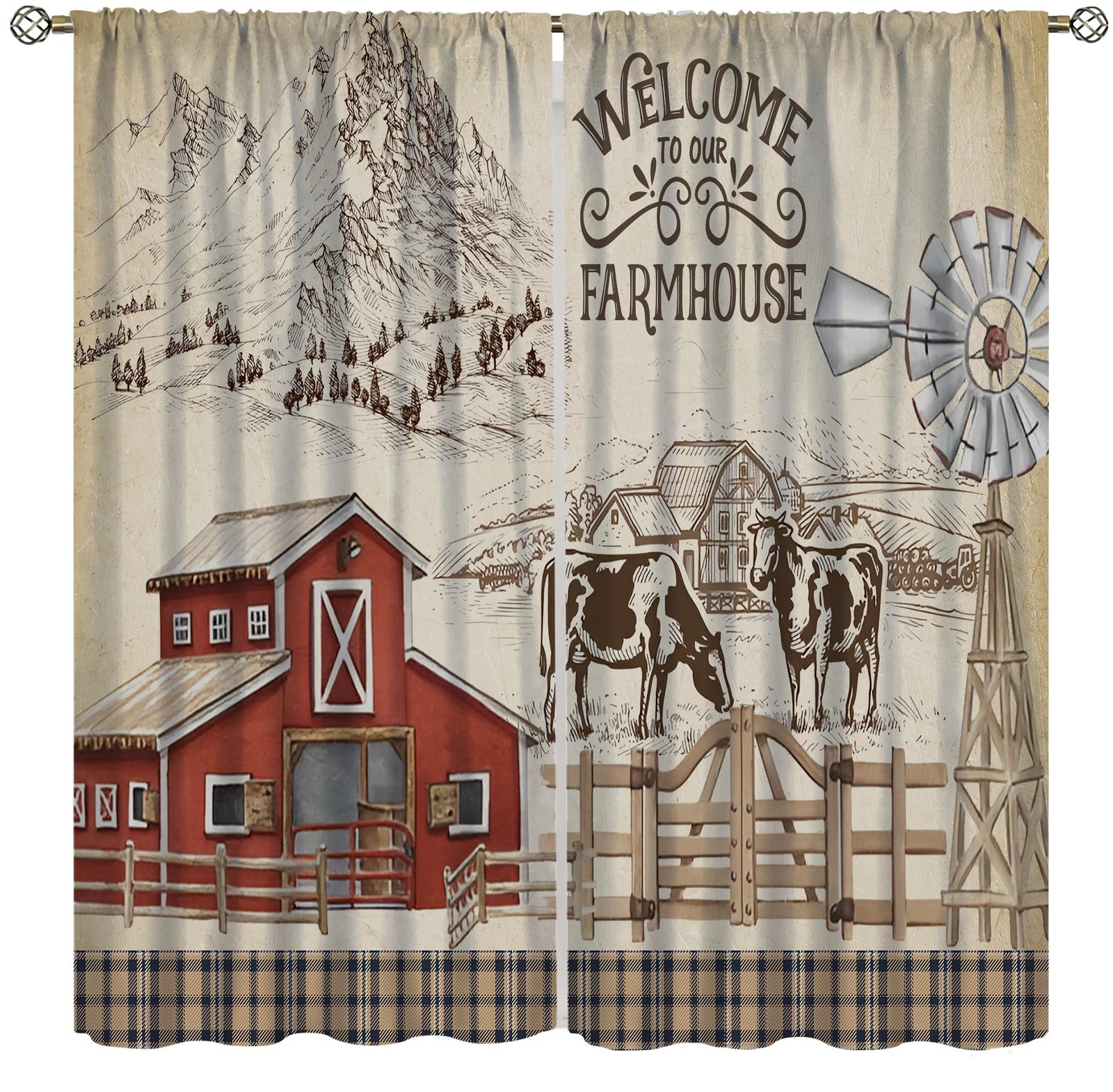 Rustic Farm Curtains, Vintage Farmhouse Cow Barn Windmill Checked Pattern Pri…