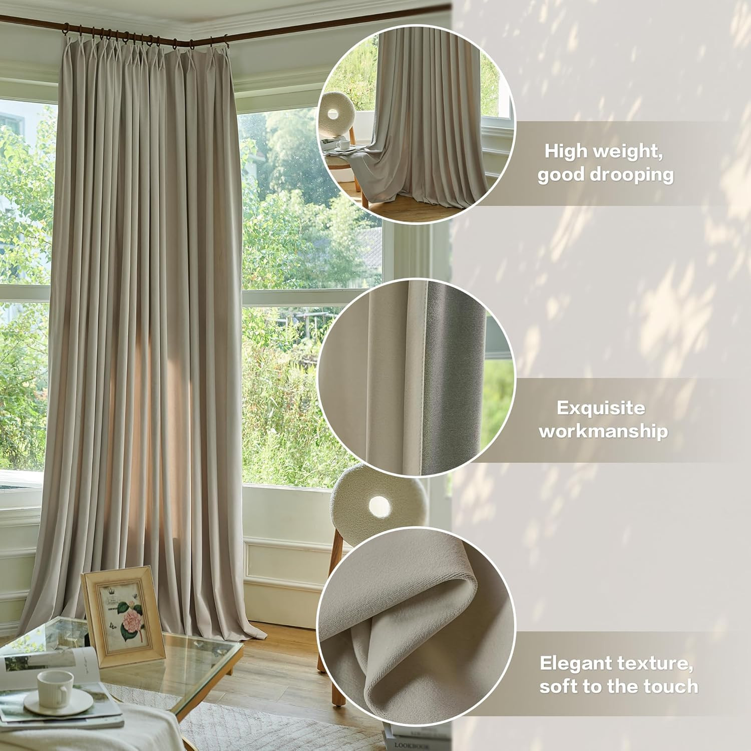 Luxury Velvet Pleated Curtains 102 Inches Long 1 Panel, Camel Beige Pinch Pleate