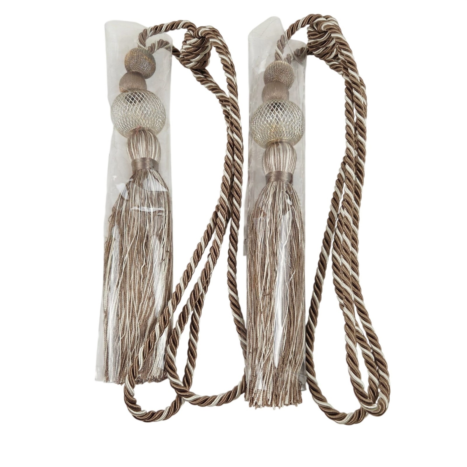 Curtain Tiebacks Set of 2 Single Tassel Mesh Metal Ball Drapery Holdback NIP