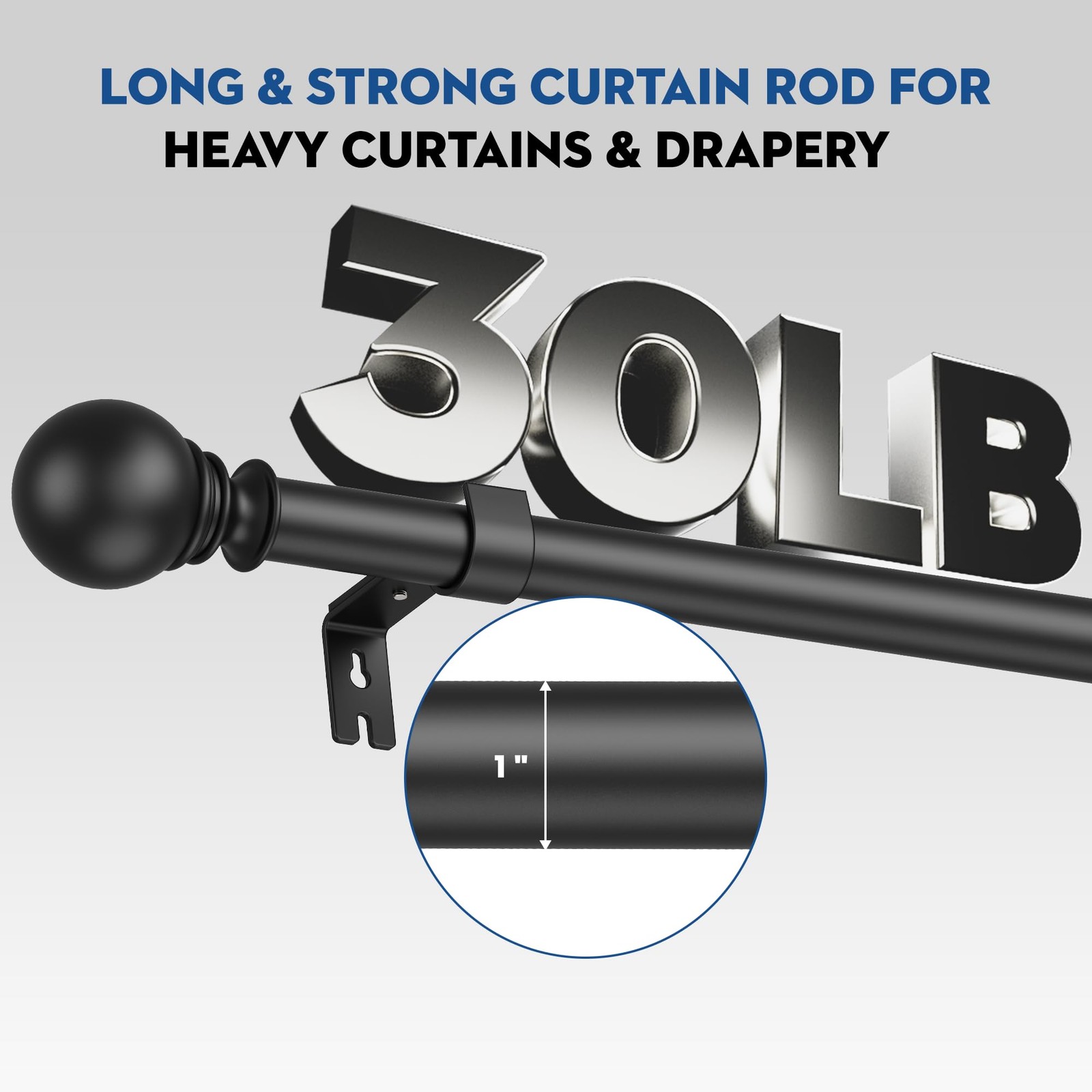 Black Curtain Rod, Adjustable 66-120 Inch, Heavy Duty,1″ Diameter | Metal, 3 Bra