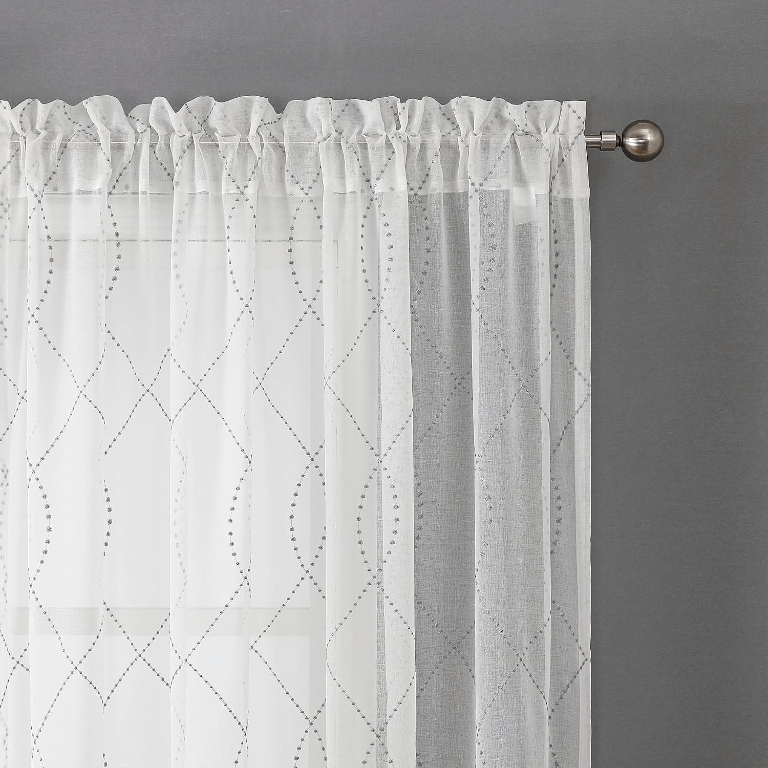 White Sheer Curtains Grey Dots Moroccan Embroidered 84 Inches