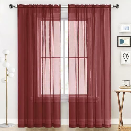 Basic Rod Pocket Sheer Voile Window Curtain Panels 1 Pair 52 W x 84 L Burgundy