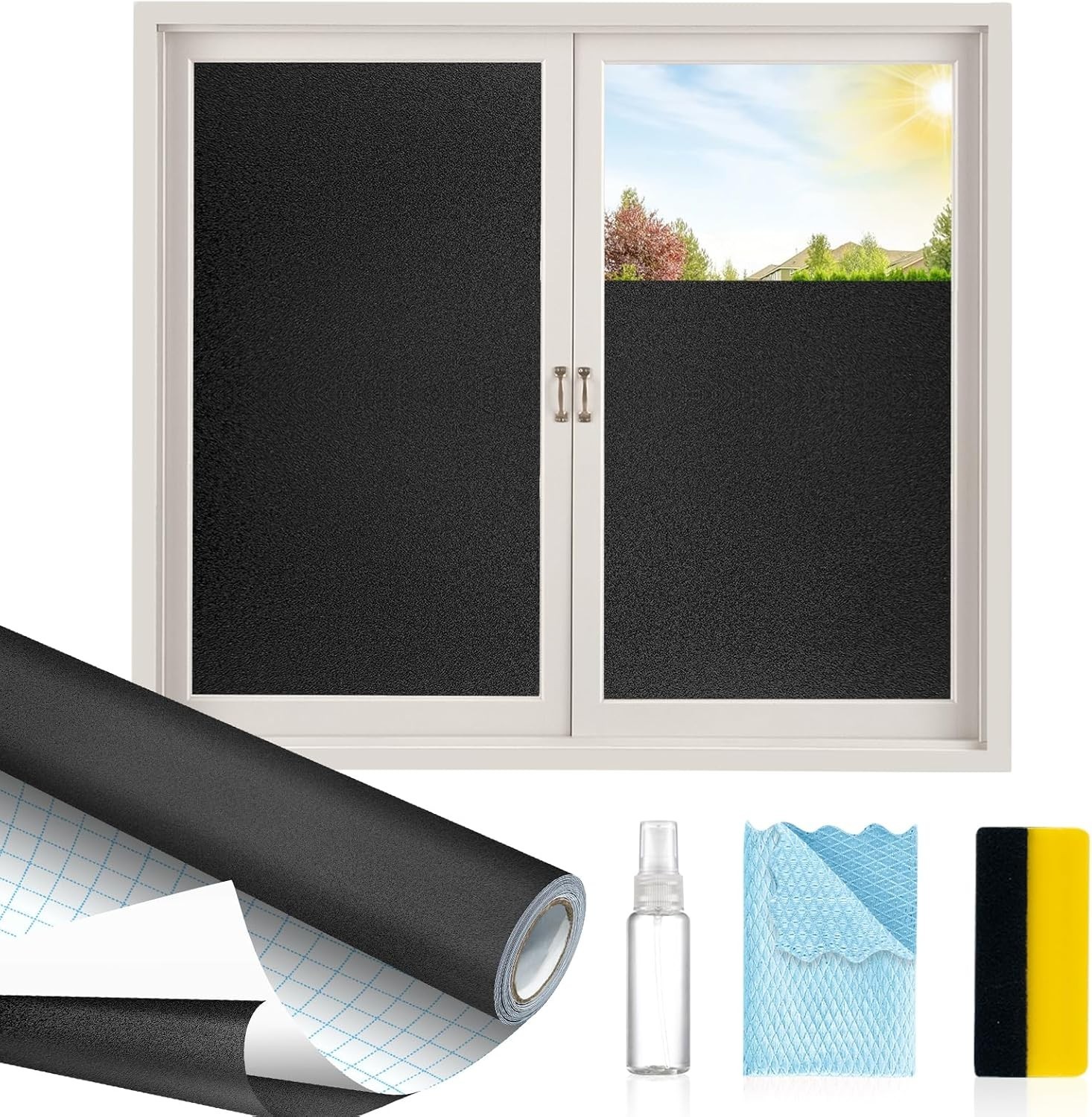Blackout Light and Heat Blocking Window Privacy Film No Glue 17.5In*9.8Ft Black