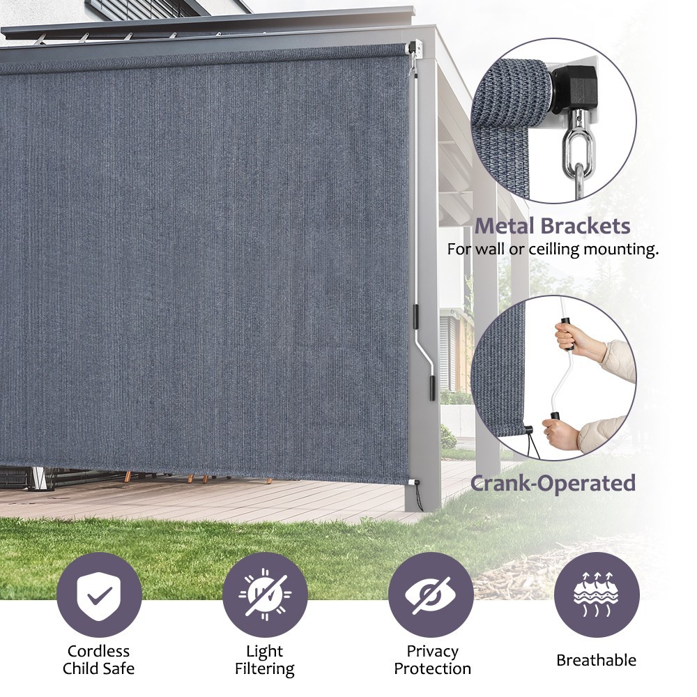 LUCKUP Outdoor Sunshade Patio Shades Roll Up Cordless Outdoor Blind, Blue-Gray