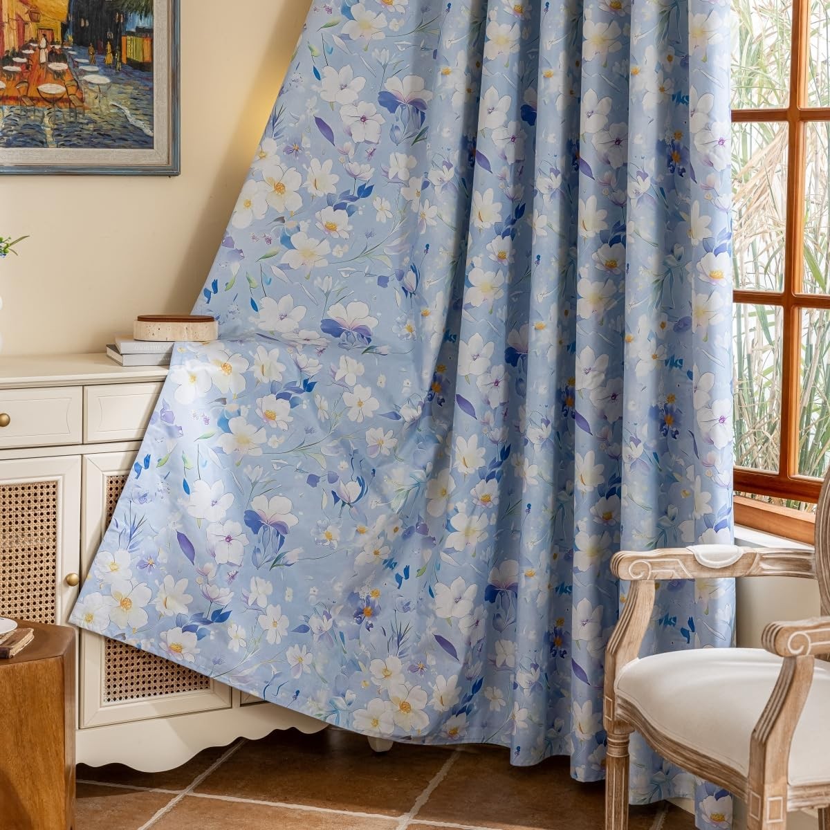 White Floral Blackout Curtains Grommet Top Drapes, 2 Panels, Blue, 52x84inch
