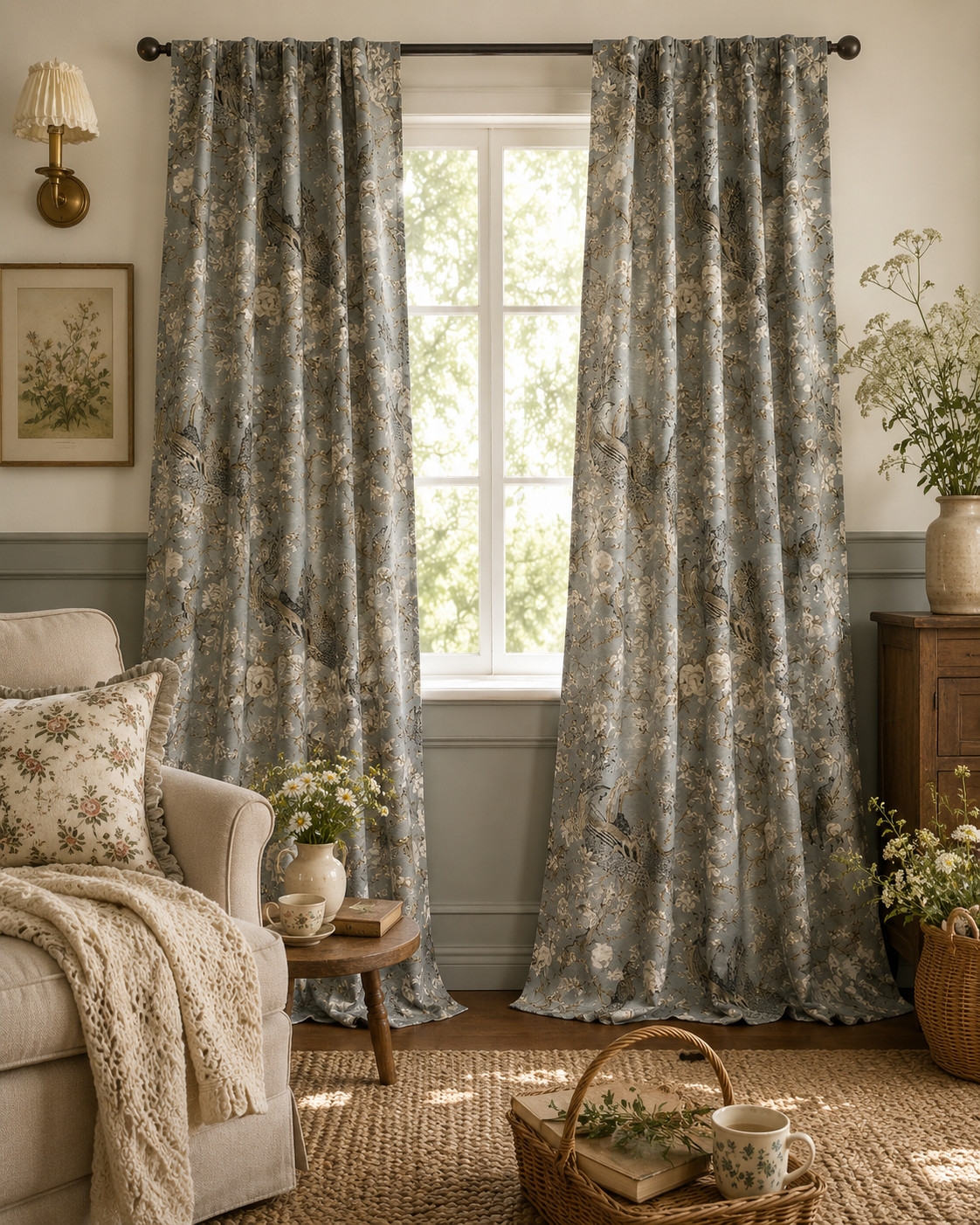 Laura Ashley set of 4 Cotton Blend Curtains 38×96 Gray Peacock Belvedere Floral