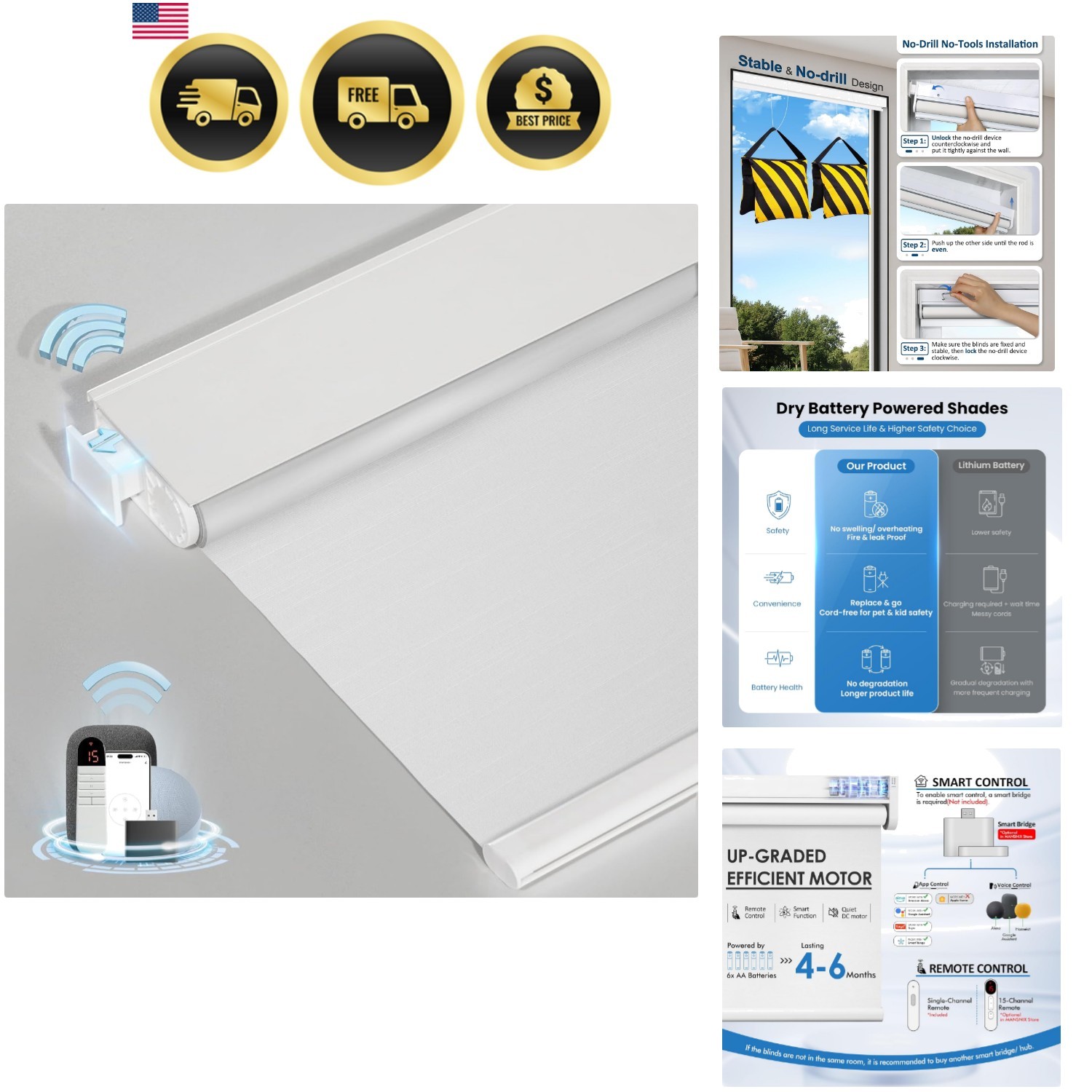 Motorized Blackout Roller Shades with Remote Wireless No-Drill White