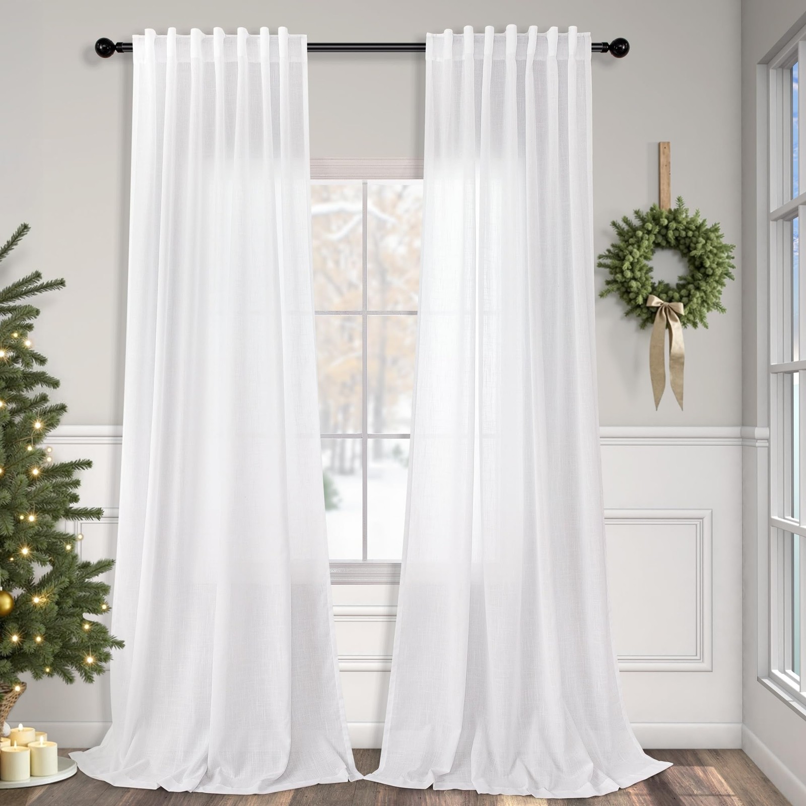 108Inch White Linen Curtains 2Panel Set SemiSheer Back Tab Drapes