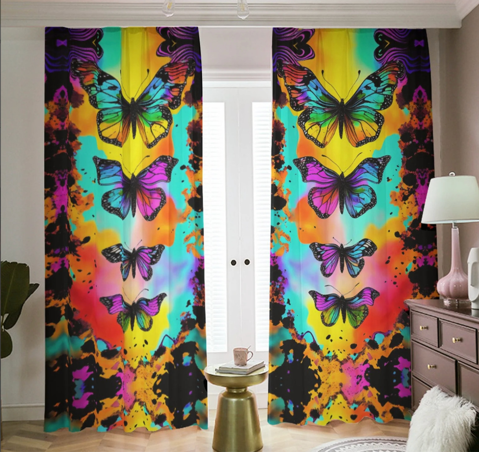 Butterfly Tie Dye Blackout Curtains, Room Darkening Drapes Rainbow Psychedelic