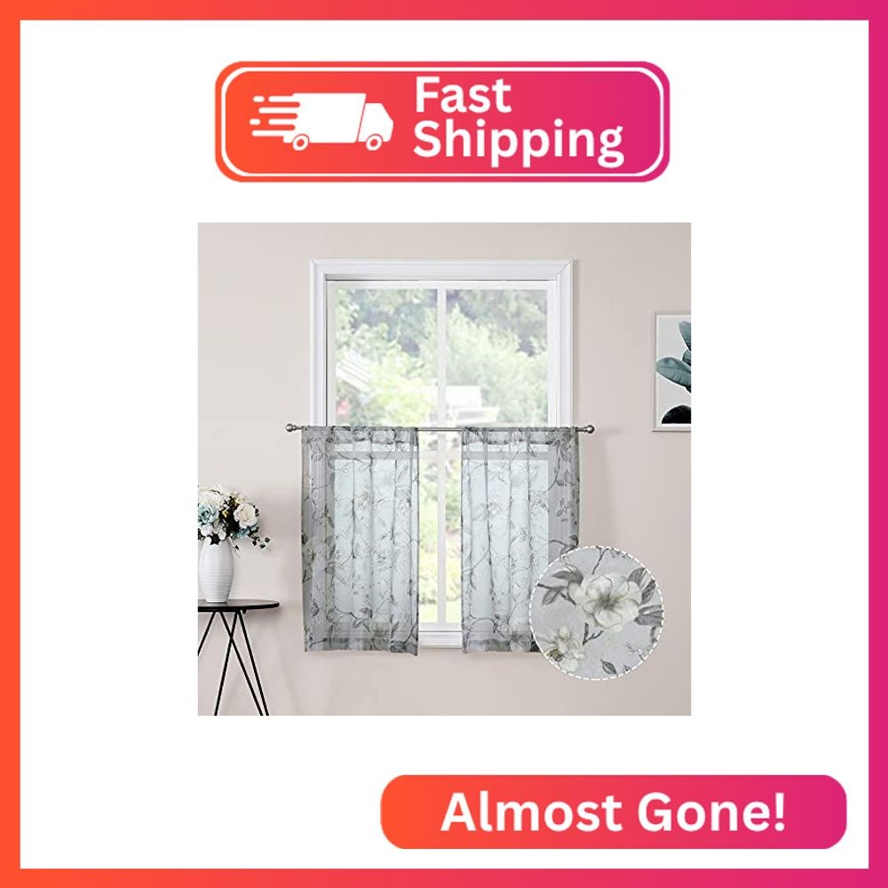Tollpiz Short Sheer Tier Curtain Grey Flower Leaf Printed Floral Embroidered Hal