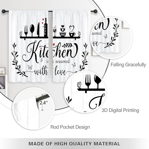 Black White Rustic Kitchen Curtains Short Small Fork Spoon 27.5Wx39H A-white