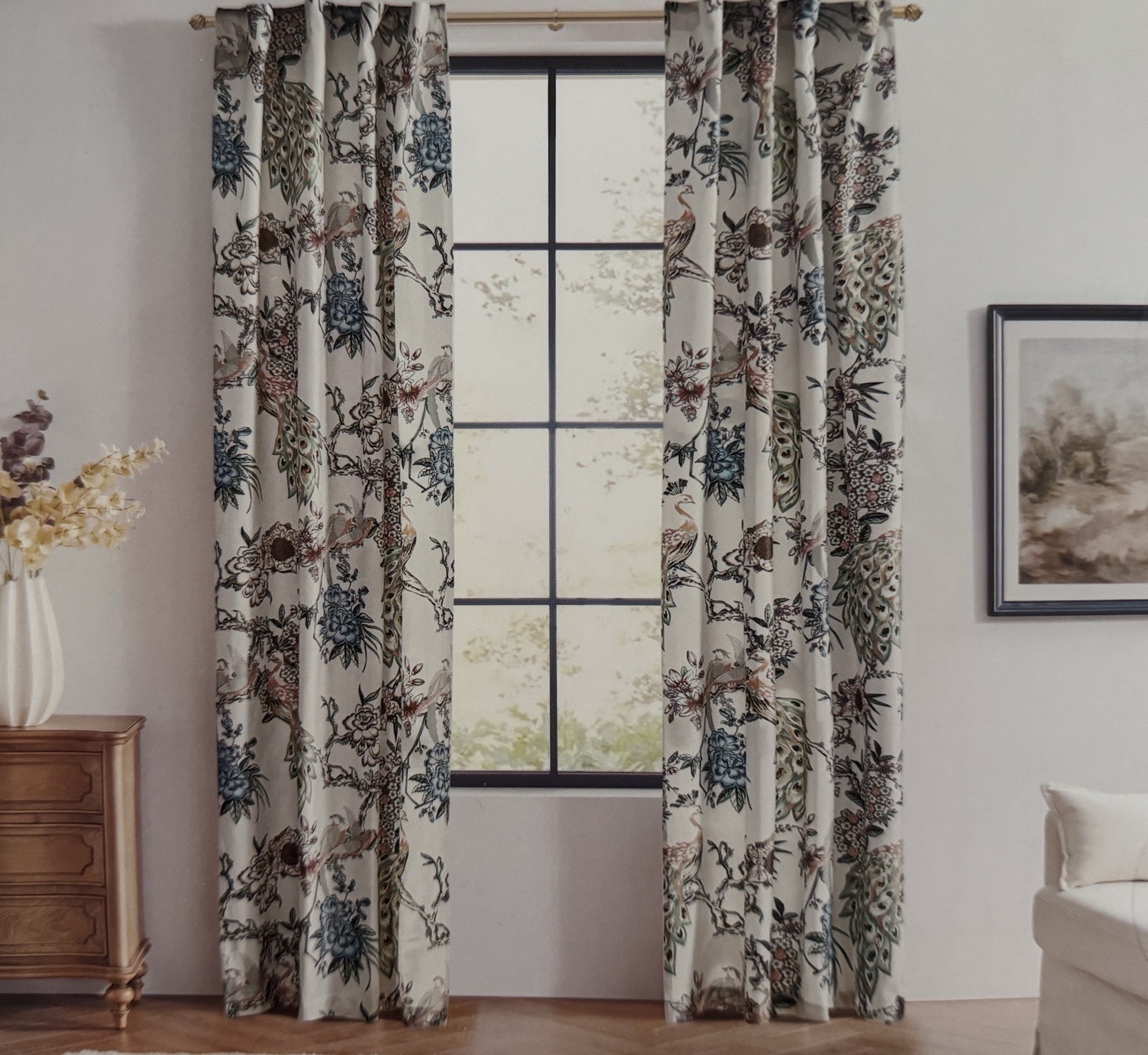 CALLISTO Window Curtains 2 Panels 38” X 96″ Peacock Birds Drapers Back Top Ivory