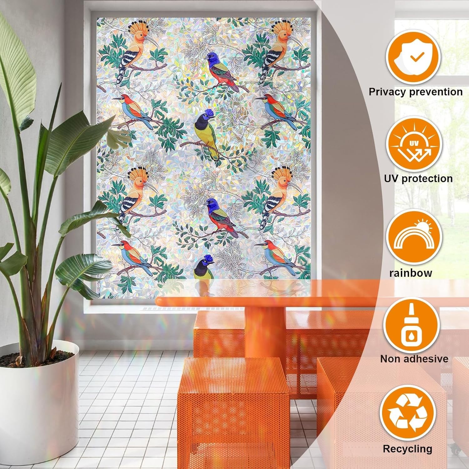 Decorative Reusable Window Privacy Film Colorful Birds on The Branch 35.4 X 78.7