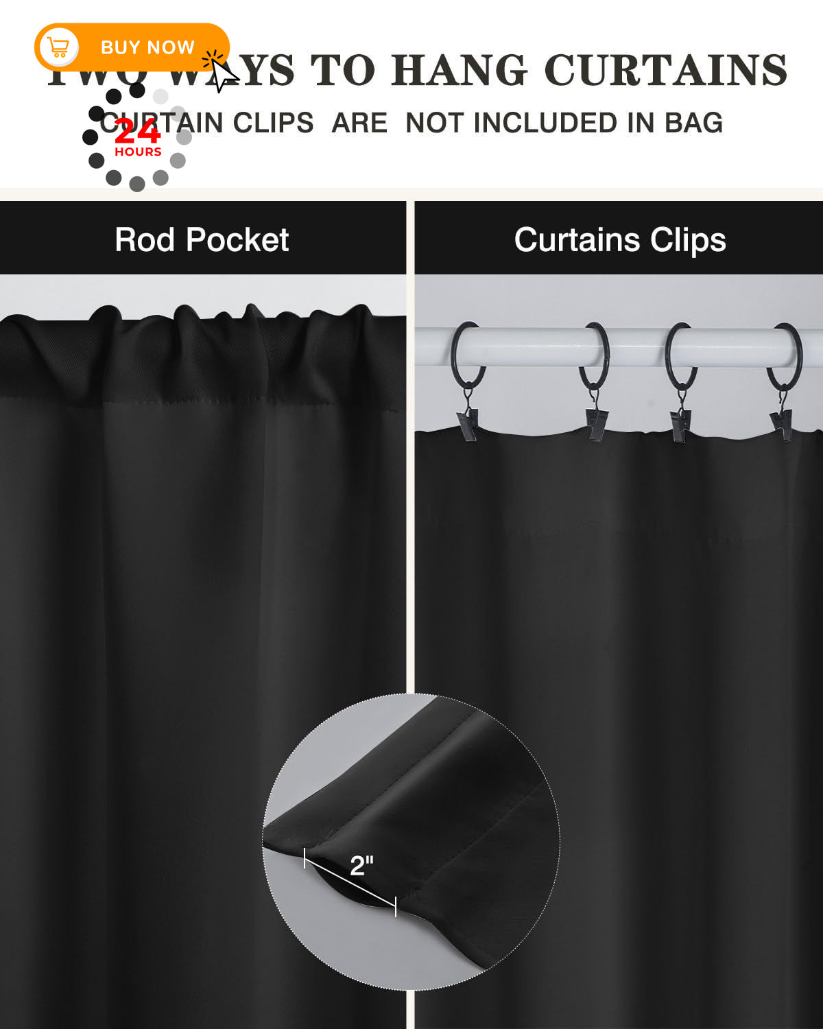 Easy Home Short Blackout Window Curtain Rod 27″W x 36″L (Pack of 2), Black