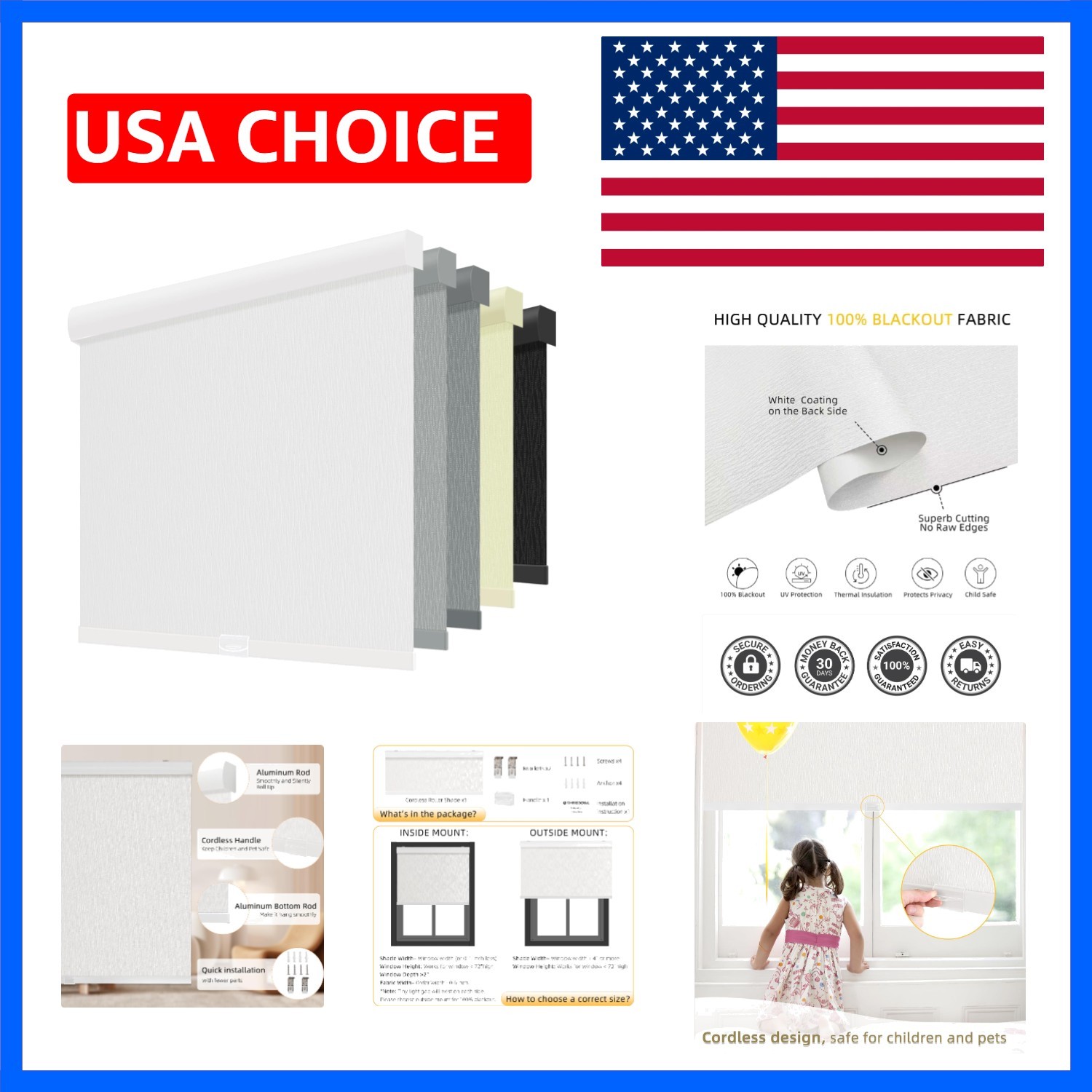 Cordless Blackout Roller Shades for Windows, Striped Free-Stop Window Blinds …