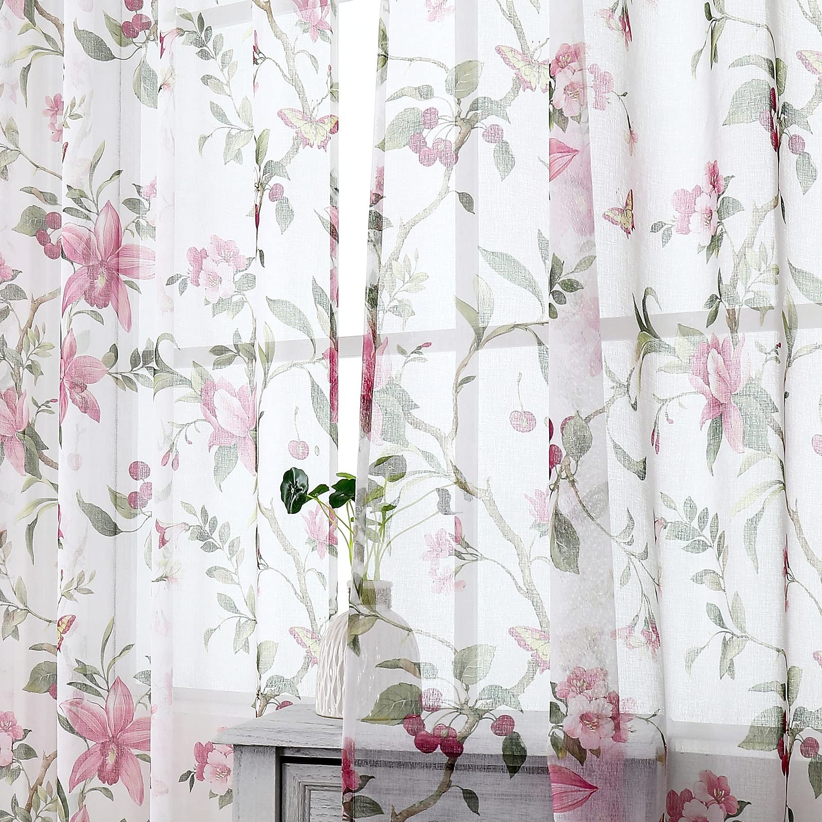 Tollpiz Floral Sheer Tier Curtain Pink Cherry Flower Butterfly Print Half Cur…