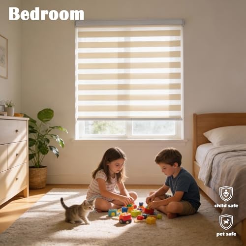 Cordless Zebra Blinds for Indoor Windows Free-Stop 20″W x 72″H Cordless Cream