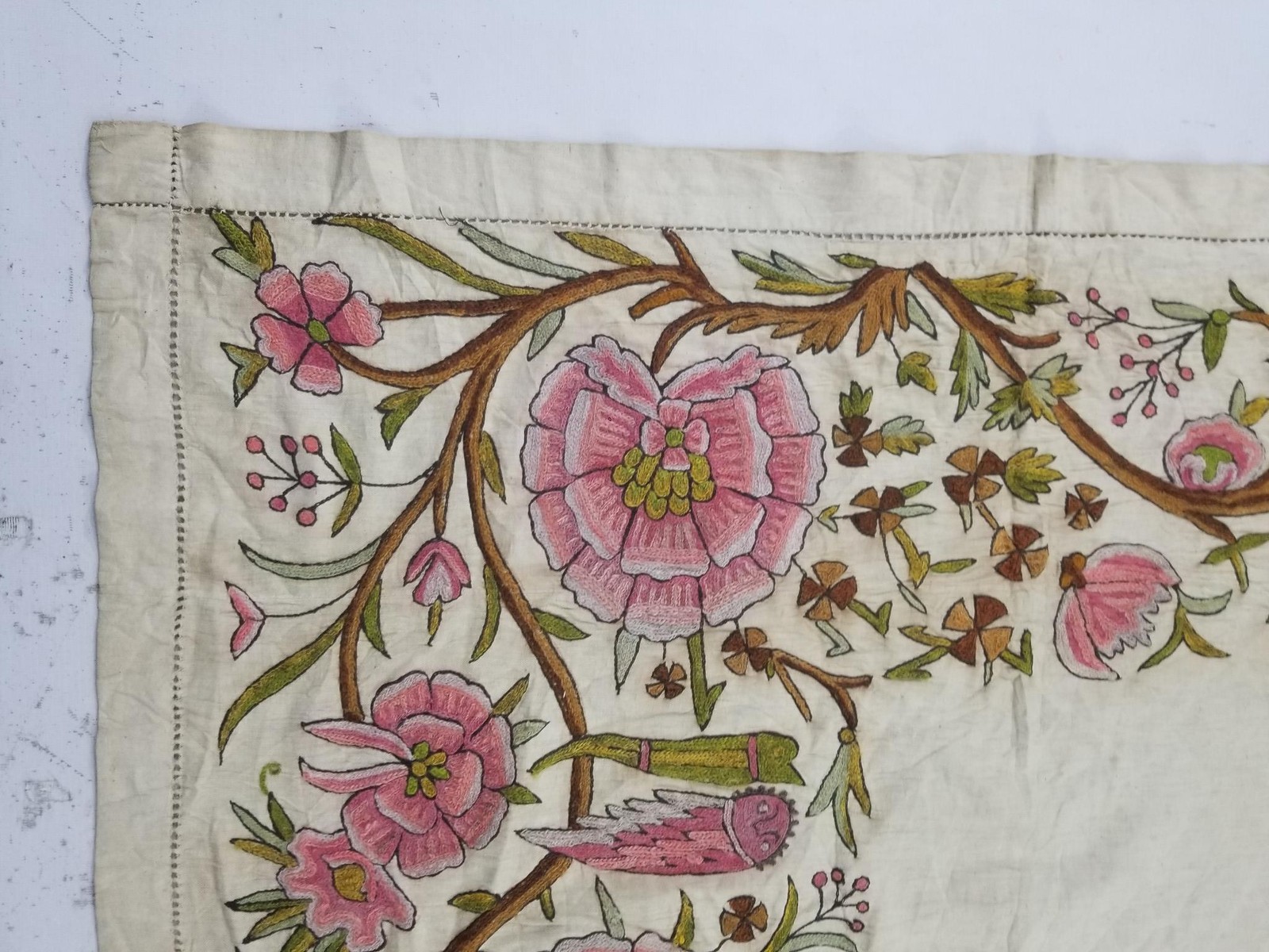 Antique Central Asian Uzbek Hand Embroidered Floral & Bird Curtain Panel 82x44in