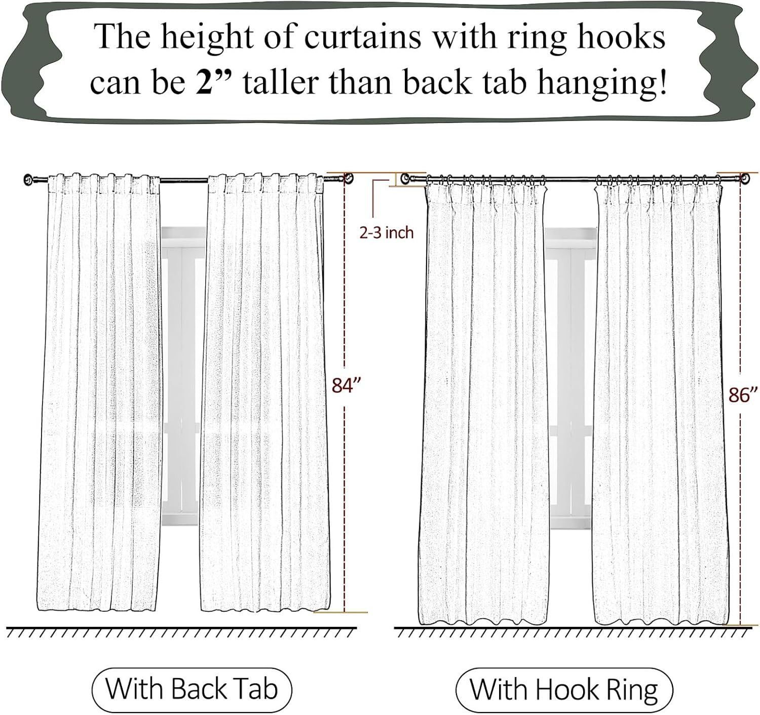 Ivory Pinch Pleated Sheer Curtains 96″ Long, 2 Panels with Rings & Hooks