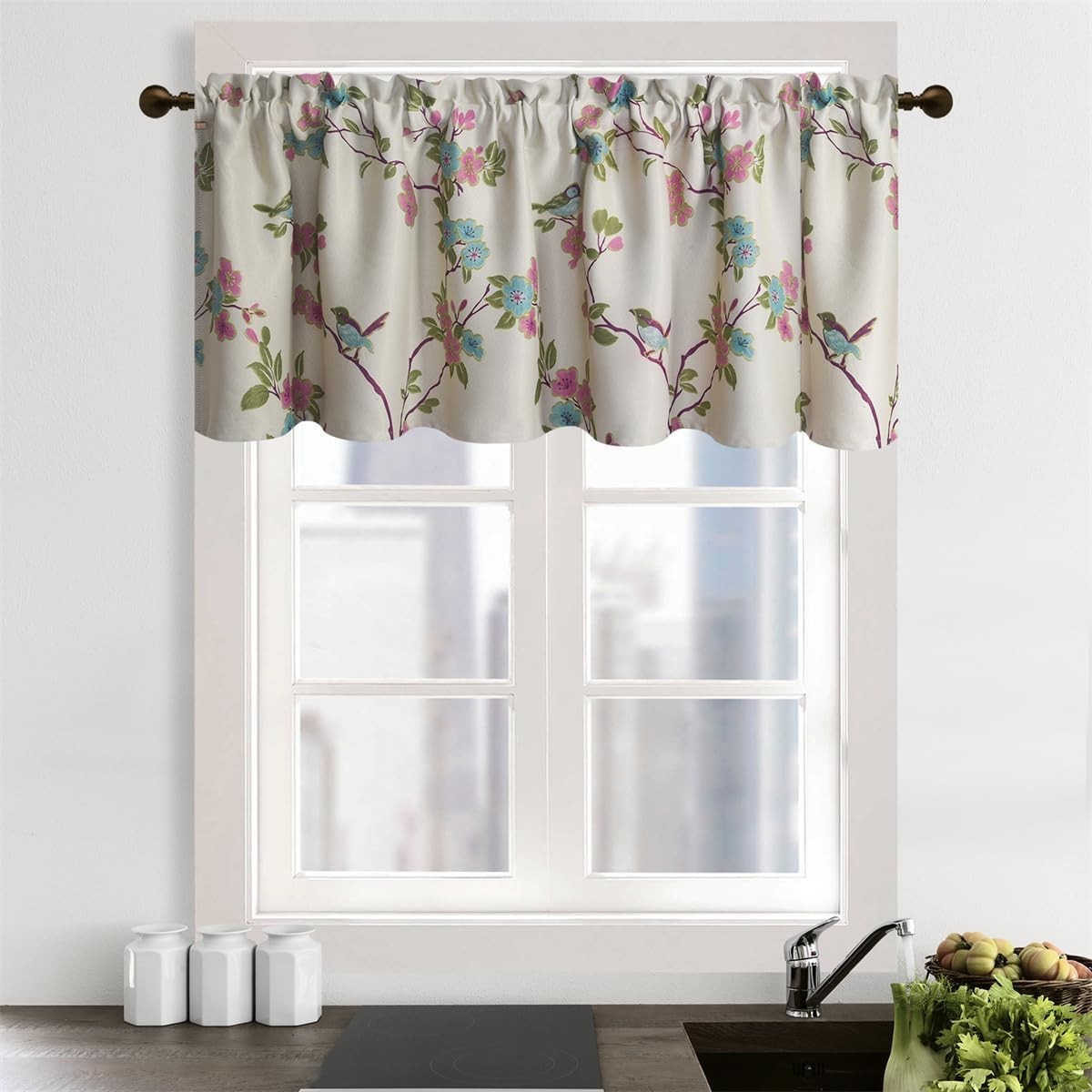 2 Panels Floral Bird Room Darkening Kitchen Curtains, Rod Pocket Cafe Curtains