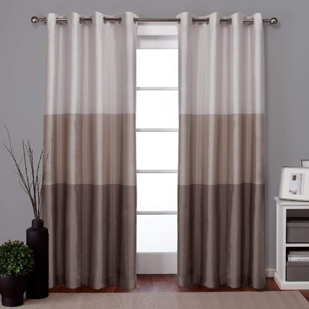Chateau Striped Faux Silk Grommet Top Curtain Panel Pair, 54″x84″, Taupe