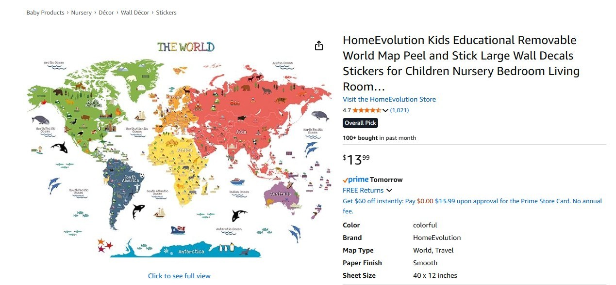 HomeEvolution Kids Educational Removable World Map Peel and Stick colorful