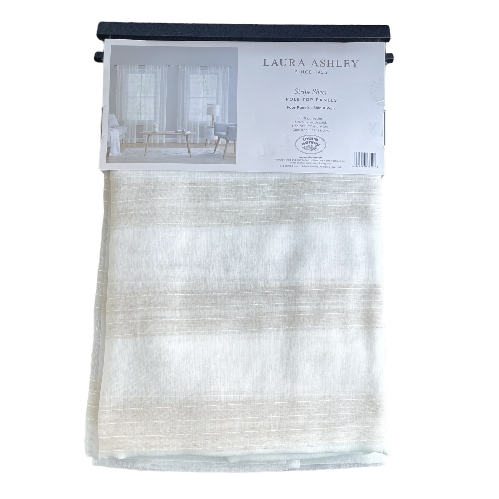 Laura Ashley Window Curtains 4 Panels Beige 38 x 96 Striped Sheer Pole Top NEW