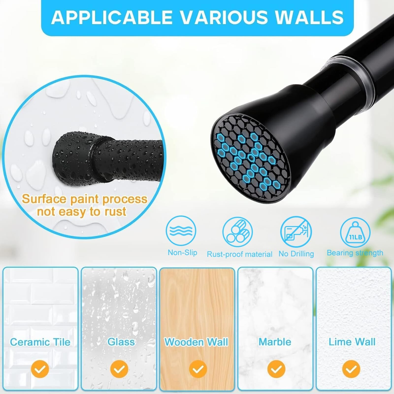 Black Spring Tension Curtain Rod 28-52 Inches, 7/8″ Diameter Adjustable Showe…