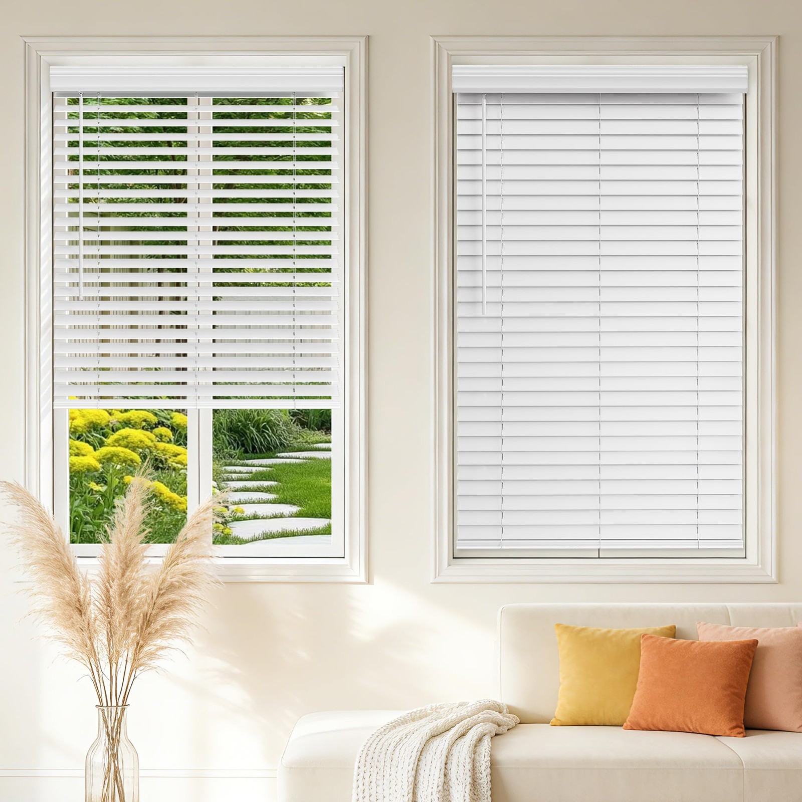 Faux Wood Blinds Cordless,2″ Horizontal Blinds with Iron Valance PVC Room Dar…