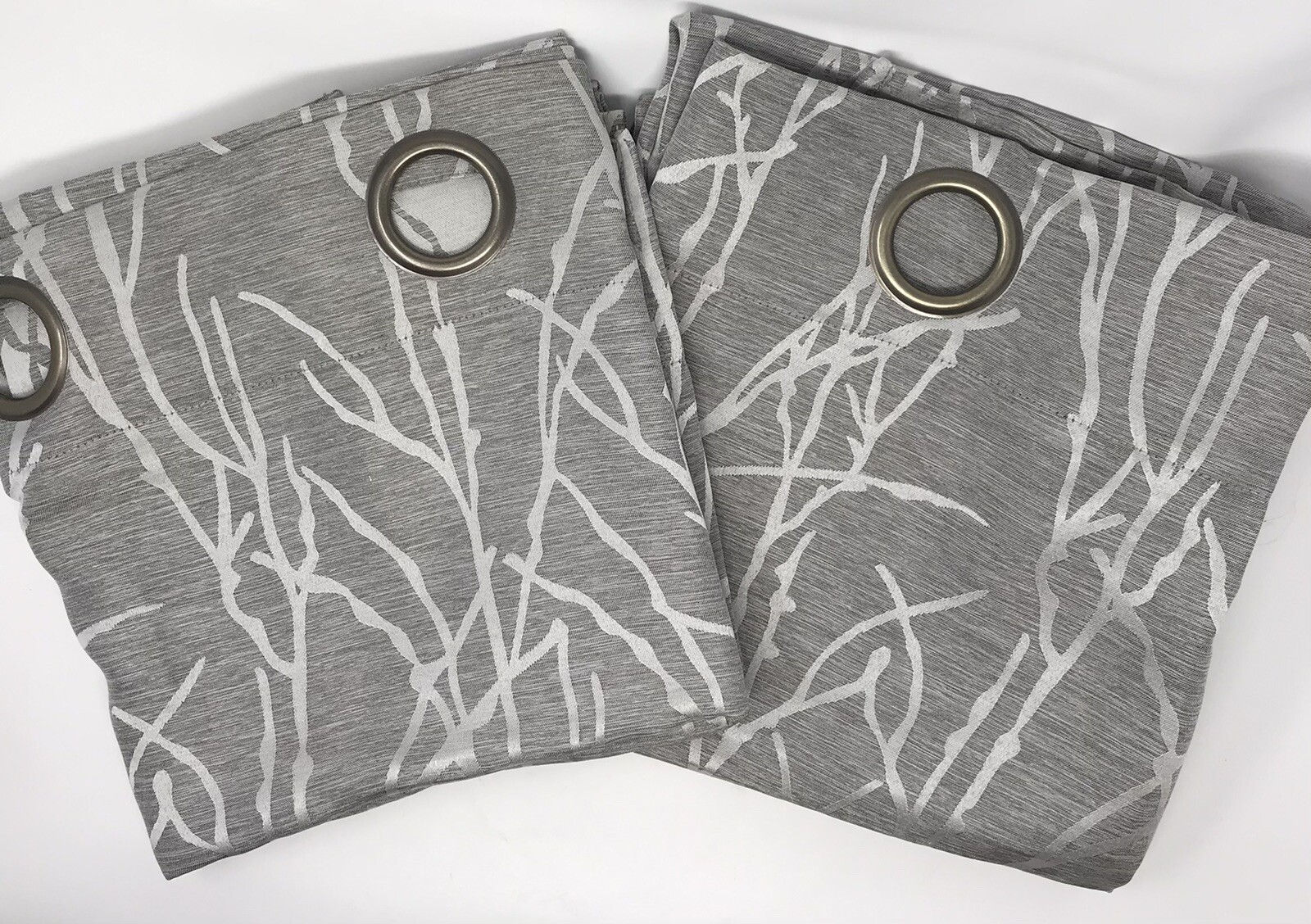 39”x 83” Pair Curtain Panels Gray Silver Grommets Silver Branch Pattern