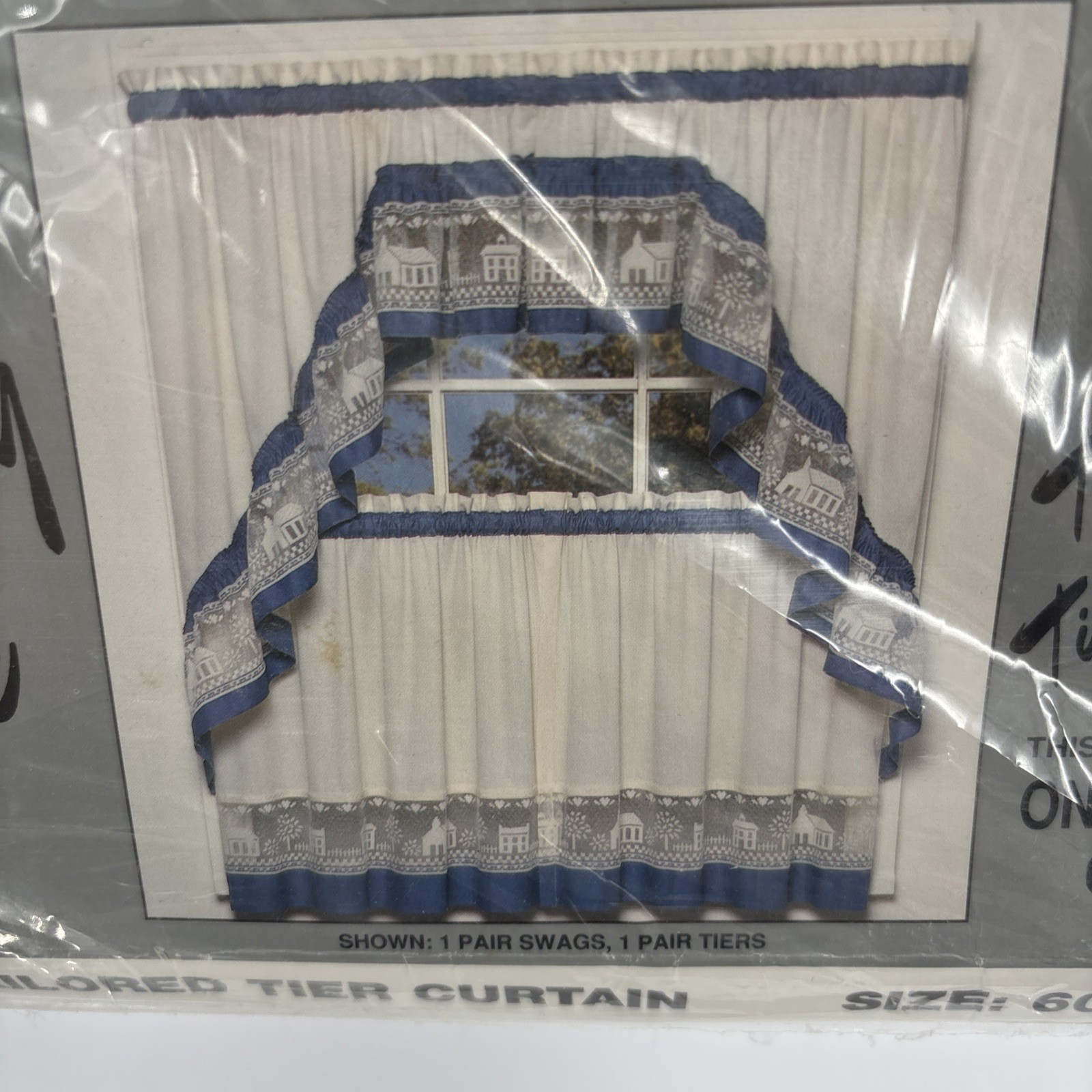VTG 90s Country Lane Tailored Tier Curtains 60×24 Blue White Lace Cottage