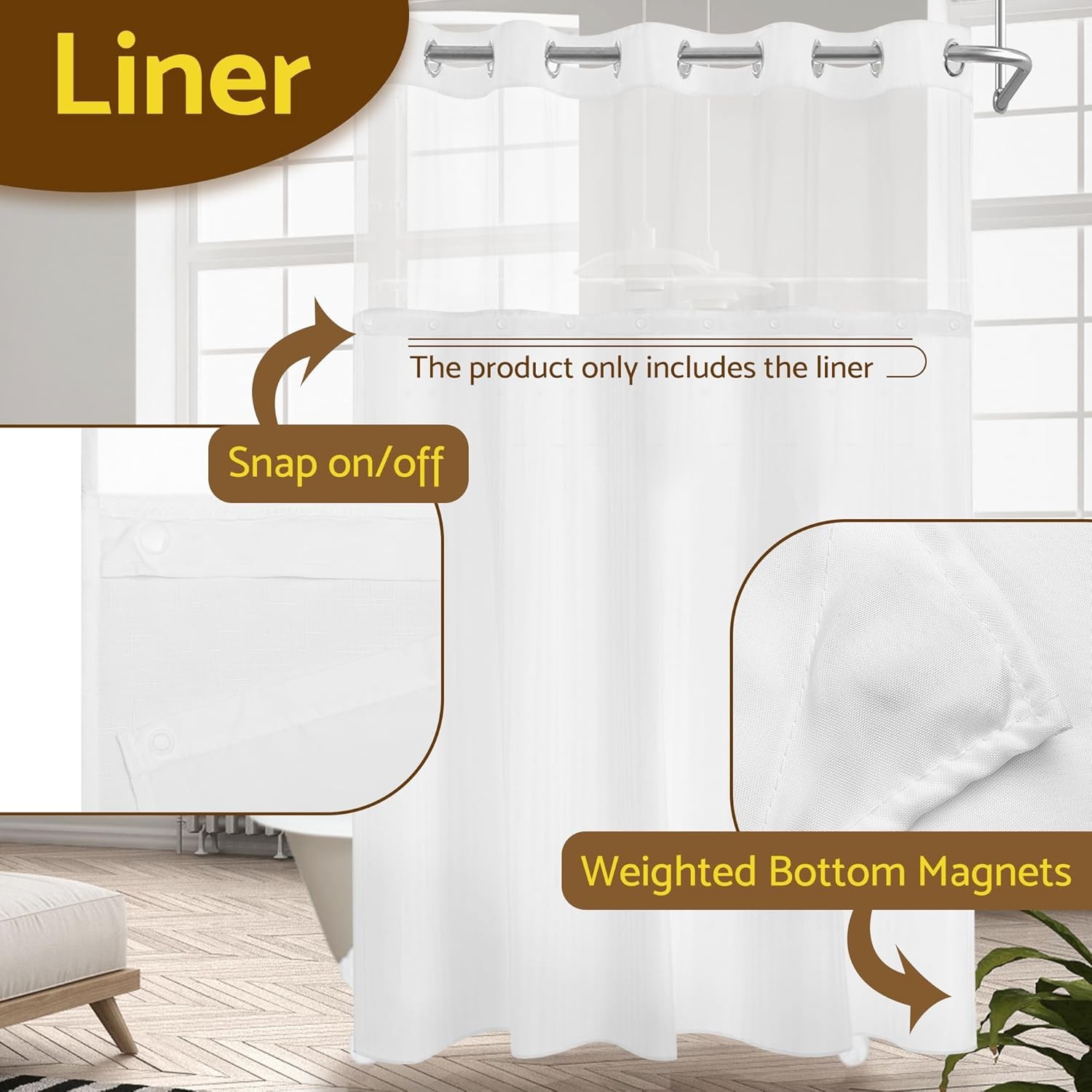 Barossa Design Fabric Snap-in Shower Curtain 70W x 54L (Pack of 1), White