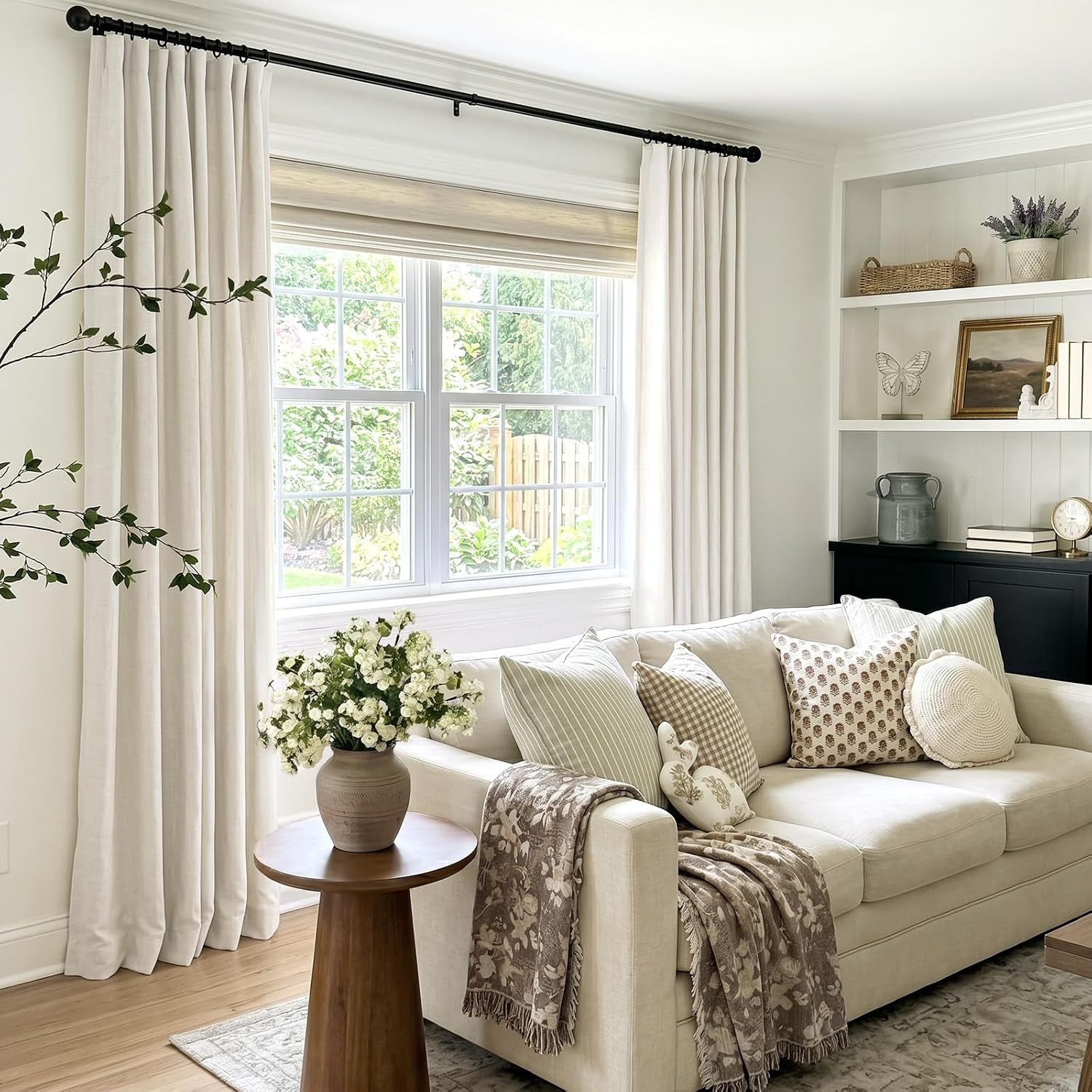 100% Blackout Curtains for Bedroom, Beige White Black Out Curtains 84 Inch Long,