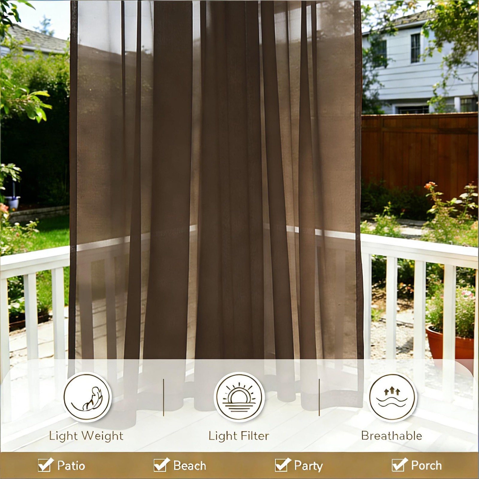 Brown Waterproof Sheer Patio Curtains 52×84, 2-Panels Rod Pocket for Outdoors