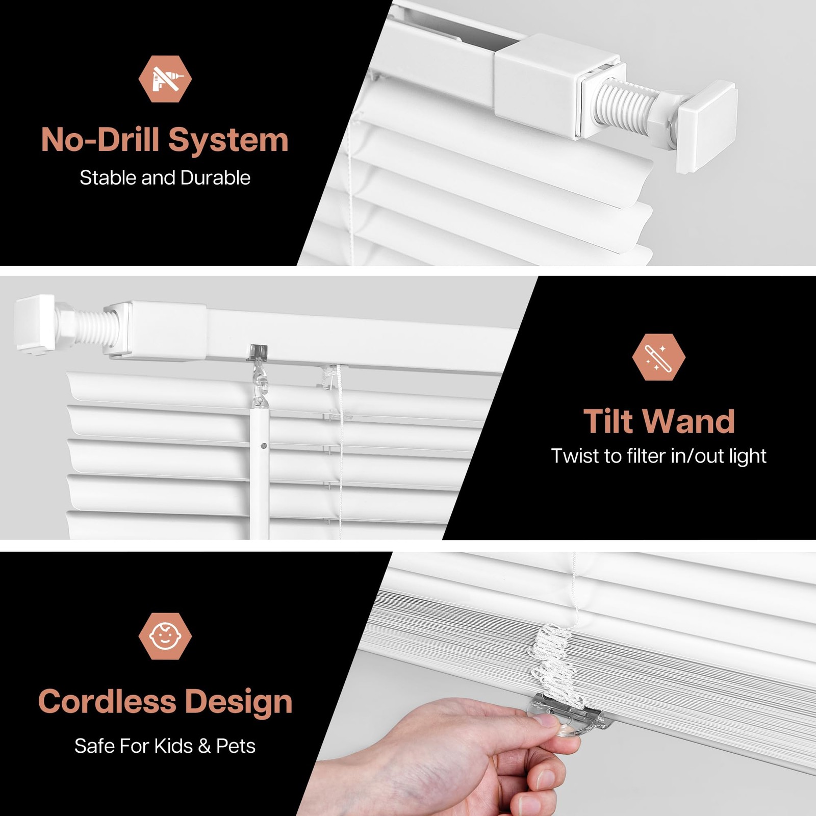 LazBlinds Cordless 1″ Vinyl Mini Blinds 34×48 White – No Tools, No Drill